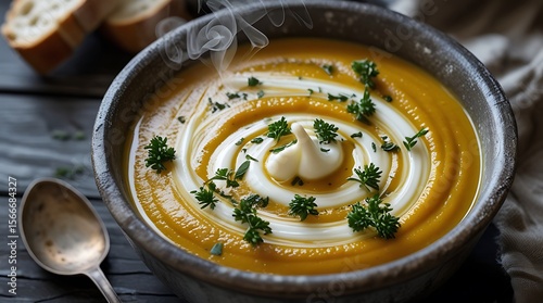 Wallpaper Mural A hyper realistic, macro photo depicts rustic creamy pumpkin soup with visible steam, on a dark wooden table beside crusty bread, conveying a cozy autumn atmosphere. Torontodigital.ca