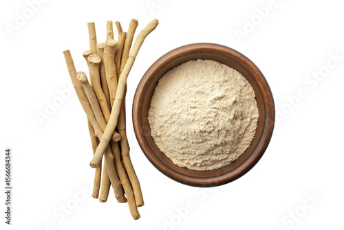 Organic Ashwagandha Powder and Roots Top View Transparent Background
