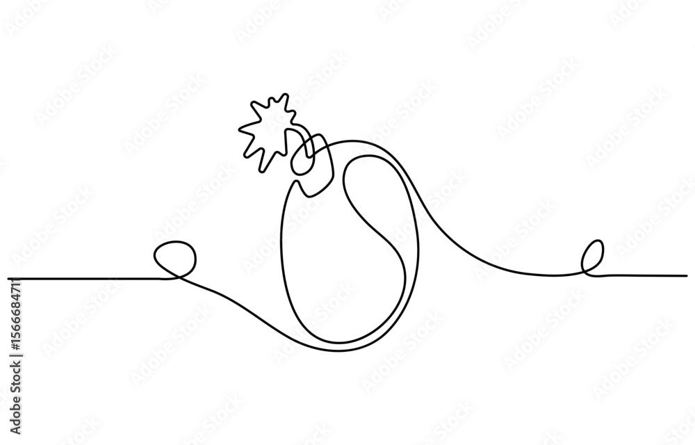 Obraz premium Bomb continuous one line drawing. Hand drawn one line vector. Bomb one line art, hand drawn military supply, ammunition continuous contour. Dangerous explosive device. Editable stroke.