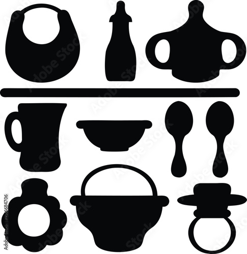 Silhouette set of kitchenware including bottles, cups, spoons, and bowls