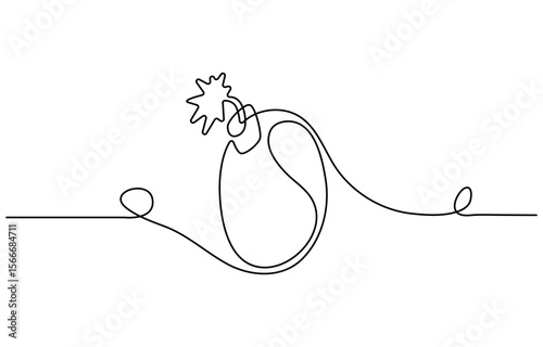 Bomb continuous one line drawing. Hand drawn one line vector. Bomb one line art, hand drawn military supply, ammunition continuous contour. Dangerous explosive device. Editable stroke.