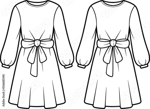 Long sleeve dress sketch, tied waist fashion, women’s flared dress, modern dress flat, elegant apparel design, clothing technical drawing, kidswear fashion illustration