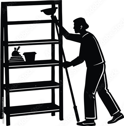 Home cleaning illustration vector silhouette person dusting high shelf silhouette
