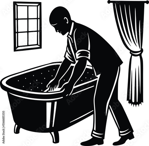 Home cleaning illustration vector silhouette person scrubbing bathroom tub silhouette
