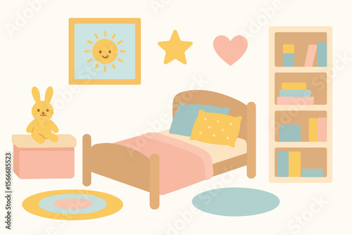 A delightfully illustrated child's bedroom is furnished with a cozy bed, a bookshelf, and cheerful decorations like a smiling sun and a toy rabbit.