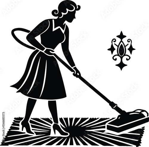 Home cleaning illustration vector silhouette woman vacuuming carpet silhouette