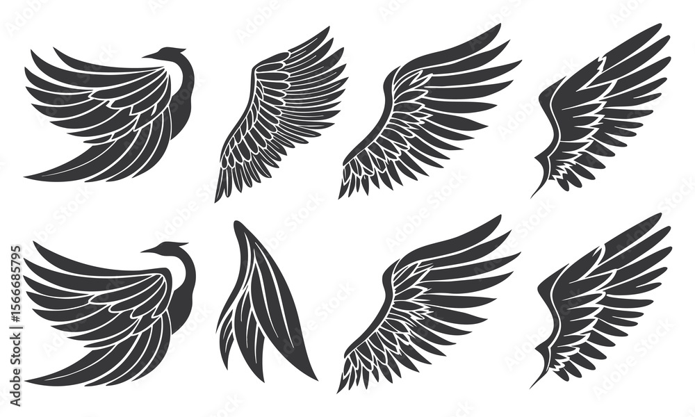 Fototapeta premium Collection of stylized bird and angel wings in black silhouette