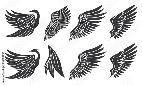 Collection of stylized bird and angel wings in black silhouette