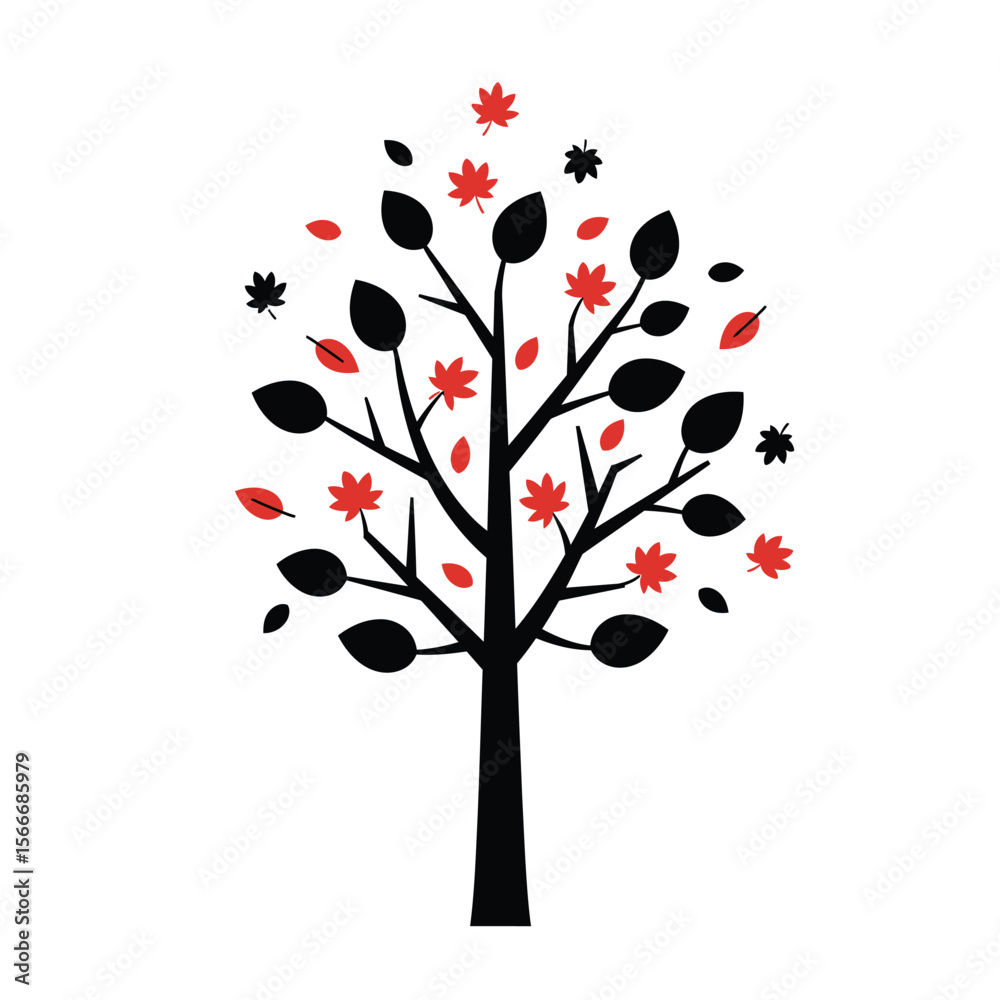 Fototapeta premium Autumn Tree Silhouette with Falling Leaves