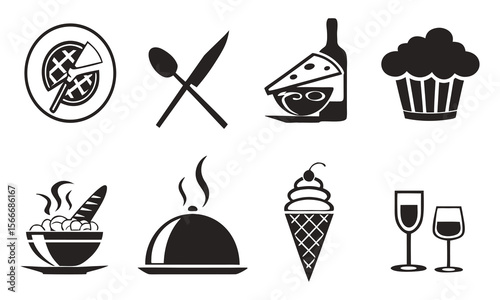Collection of stylized food and drink icons in a modern silhouette style