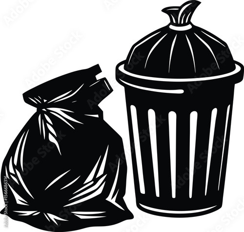 Home cleaning illustration vector silhouette trash bag and bin silhouette