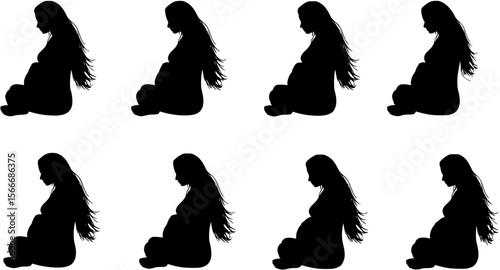 Pregnant woman silhouette with long hair sitting cross legged on white background, pregnant, woman, silhouette, pregnancy, expecting, motherhood, sitting, cross legged, long hair, vector, maternity