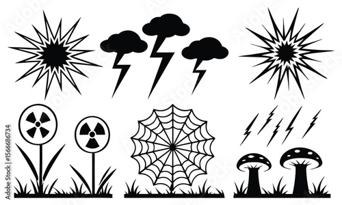 Collection of black graphic symbols representing danger and natural phenomena silhouette
