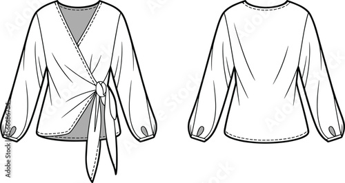 Women's wrap blouse technical flat – tie-waist long sleeve shirt with V-neck and cuffs; front and back CAD vector fashion design sketch for tech pack.