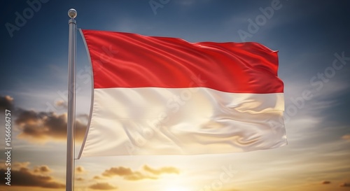 Indonesian Flag Flapping in Sunset Sky with Clouds