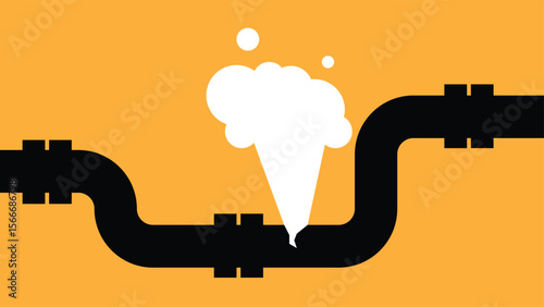 Broken Steaming Gas Pipe Flat Style. Industry, construction and transferring goods concept vector art