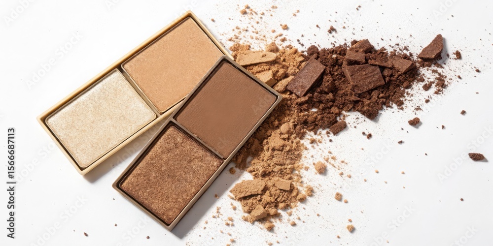 Fototapeta premium Close up of shimmering makeup palette with scattered powder on white background