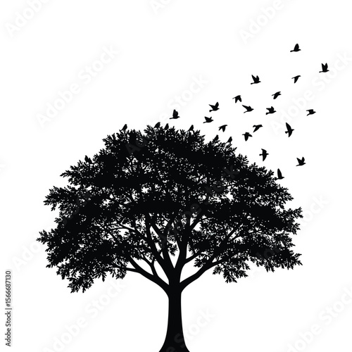 Silhouette of a Tree with Birds Taking Flight