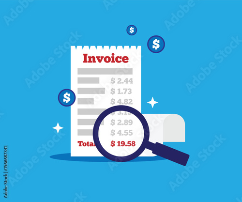 Invoice Flat Style with Magnifying Glass on Blue. Economy, money and payment due concept vector art