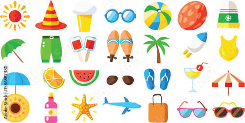 Vibrant Summer Icons Beach, Travel, and Vacation Illustrations