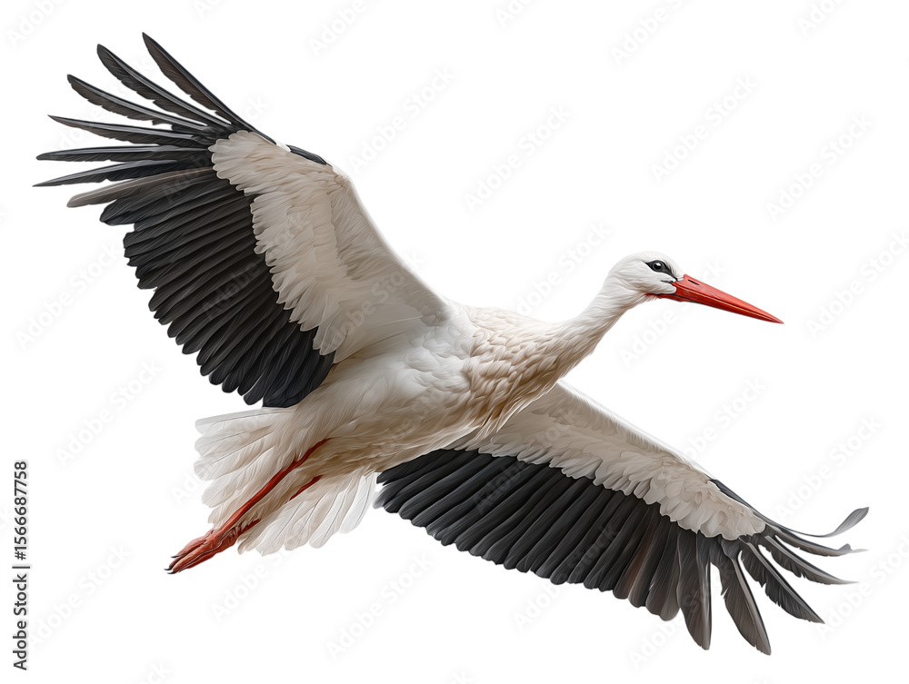Fototapeta premium A pristine white stork glides gracefully through the air, its magnificent wings outstretched in a display of nature's aerial prowess.