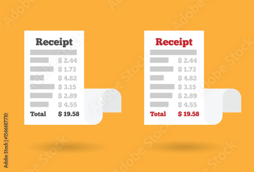 Payment Receipt at Restaurant or Shop Flat Style Colorful Background. Economy, money and payment due concept vector art