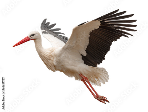 A magnificent stork soars gracefully through the sky, its wings outstretched in full flight,