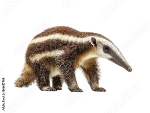 A striking Southern Tamandua, with its distinctive brown and white striped coat and long snout, stands against a clean background.   photo