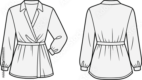Women's belted wrap blouse technical flat – long sleeve tunic top with collar, gathered waist, cuffed sleeves, and front & back fashion vector CAD sketch.