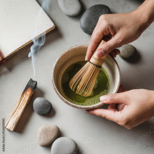 Overhead View Hands Preparing Matcha Green Tea Bowl Wooden Whisk Stones Palo Santo tea ceremony