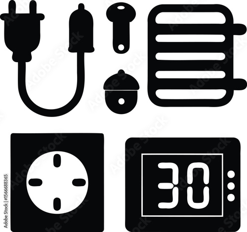 Set of electrical icons including plug, switch, heater, and thermostat