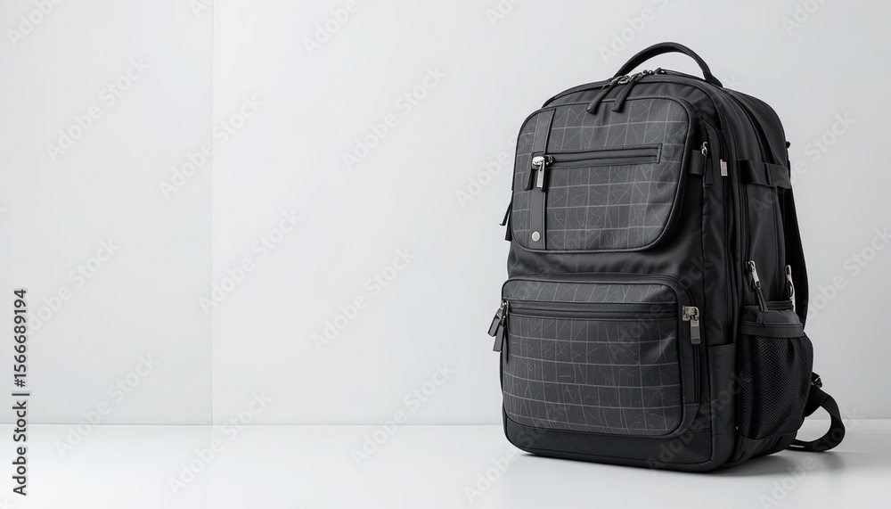 Fototapeta premium Black backpack with pattern and multiple pockets.