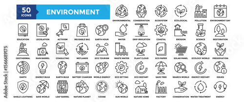 50 Environment icon set. Containing design, Environmental, Conservation, Ecosystem, Ecological, Pollution, Environment Day