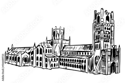 Detailed ink drawing of Ely Cathedral, iconic Gothic landmark in Cambridgeshire, UK. Ideal for history books, travel art, or architecture prints.