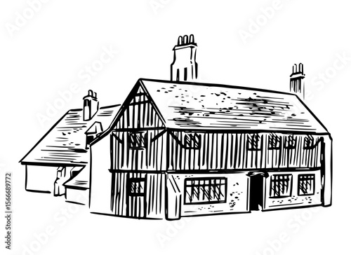 Vintage ink drawing of Oliver Cromwell’s house, a historic landmark in Ely, Cambridgeshire. Use in heritage prints or museum books.