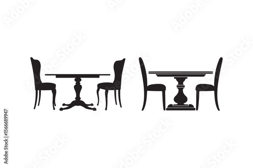 Elegant silhouette of two dining sets with ornate chairs and pedestal tables