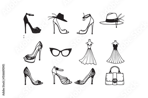 Chic fashion accessories collection featuring shoes dresses hats and a handbag