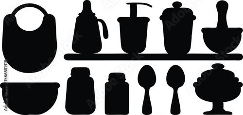 Set of kitchenware icons including bowl, bottles, and spoons