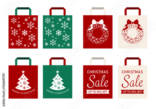  クリスマスの袋のイラストセット(ホリデー ギフト バッグ 紙袋 ショッピングバッグ ベクター 編集可能)
