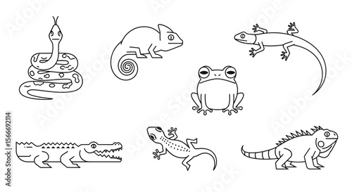 Vector reptile and amphibian outline vector set featuring snake, chameleon, lizard, frog, crocodile and iguana