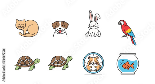 Vector cute pet animal illustration vector design featuring cat dog rabbit parrot turtle hamster and goldfish bowl art