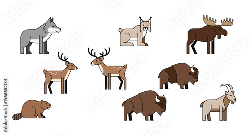 Vector illustration of north american wildlife animals including wolf lynx moose deer bison beaver and goat art