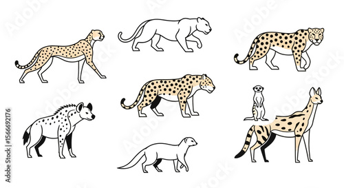 Vector wildlife animal illustration featuring cheetah leopard hyena serval meerkat and other african animals