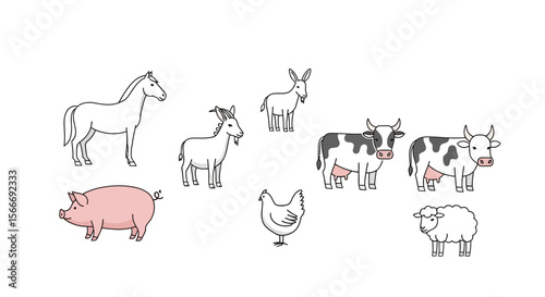 Vector farm animals vector illustration featuring horse cow pig goat sheep and chicken for educational resources design
