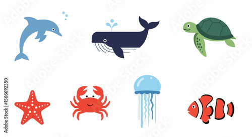 Vector sea animals vector illustration featuring dolphin whale turtle starfish crab jellyfish and clownfish design