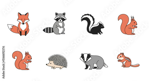 Vector cute forest animals illustration featuring fox raccoon skunk squirrel hedgehog badger and chipmunk art design