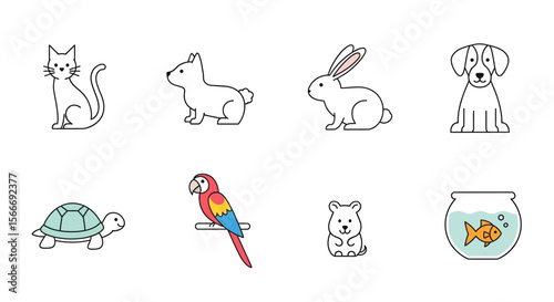 Vector cute pet animals vector illustration collection of cat dog rabbit parrot turtle hamster and goldfish bowl design