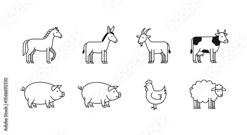 Vector farm animals vector illustration featuring horse donkey goat cow pig chicken and sheep outline drawing design set
