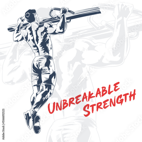 Vintage style illustration of a muscular man doing pull up workout for strength and body training
