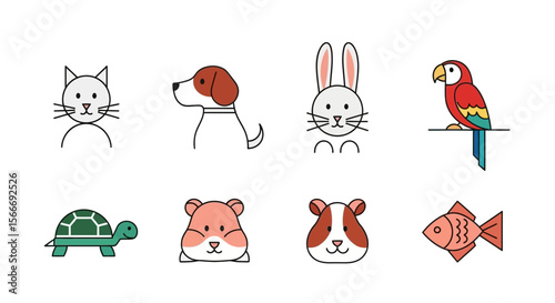 Vector cute pet animals vector illustration collection of cat dog rabbit parrot turtle hamster guinea pig and fish